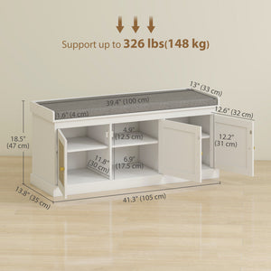 Shoe Storage Bench with Woven Rattan Doors, Shoe Bench with Cushion, Adjustable Shelves, Entryway Bench, White