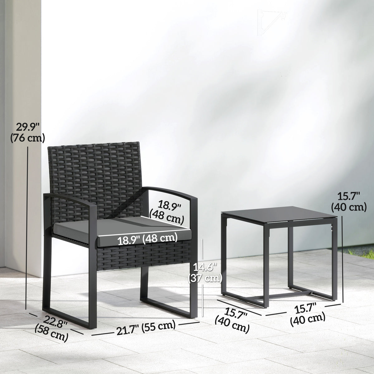 Outdoor Bistro Set, 3 Piece Wicker Patio Furniture Set with Glass Top Table and Cushions for Porch – view 2
