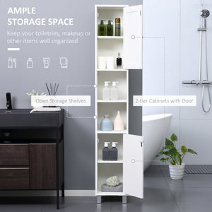 Tall Bathroom Storage Cabinet with Mirror, Freestanding Narrow Linen Tower Cabinet with Adjustable Shelves for Bathroom, White