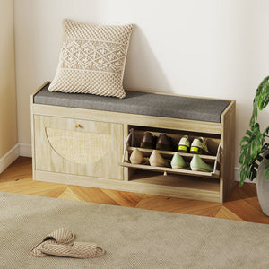 Shoe Bench with Flip Doors, Seat Cushion, Adjustable Shelves for 8 Pairs, Boho Entryway Bench for Bedroom, Natural Wood