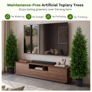 4 FT Artificial Topiary Tree Set of 2 Faux Cedar Cypress Plants in Cement-Filled Pots-Green view 7