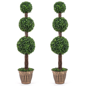 4 FT Artificial Triple Ball Boxwood Tree with Cement-filled Retro Planter Set of 2-Green