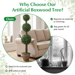 4 FT Artificial Triple Ball Boxwood Tree with Cement-filled Retro Planter Set of 2-Green view 6