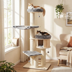 4-Layer 68.5-Inch Wooden Cat Tree Condo Activity Tower with Sisal Posts-Gray view 2