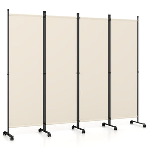4-Panel Room Divider with Lockable Wheels for Living Room-Beige