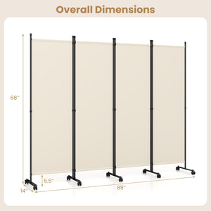 4-Panel Room Divider with Lockable Wheels for Living Room-Beige view 4