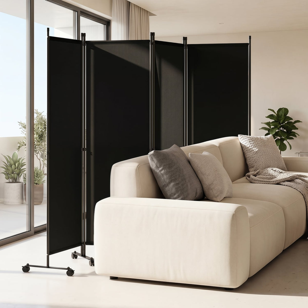 4-Panel Room Divider with Lockable Wheels for Living Room-Black view 2