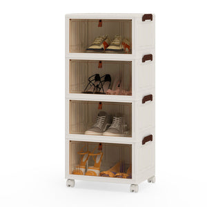4-Tier Collapsible Shoe Box Lid Doors and Lockable Wheels-White