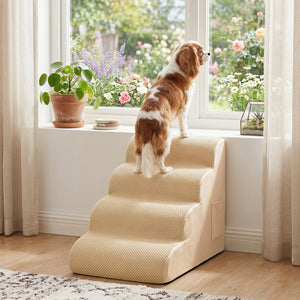 4-Tier Foam Non-Slip Dog Steps with Washable Zippered Cover and Brush-Beige view 6