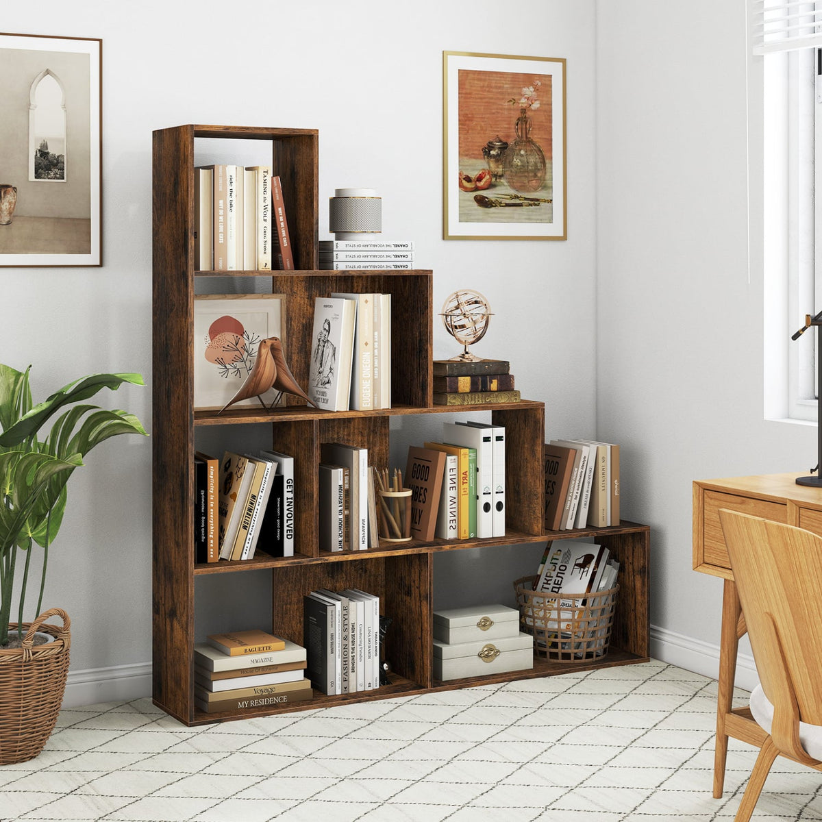4-Tier Stepped Bookshelf Freestanding Ladder Storage Shelf with 6 Cubes-Rustic Brown view 2