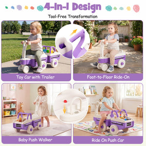 4 in 1 Ride on Push Car with Music and Under-Seat Storage for Boys Girls-Purple view 5