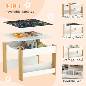 Qaba 3 Piece Kids Table and Chair Set with Reversible Tabletop, Blackboard, Storage, Bookshelf, for Playroom, Nursery