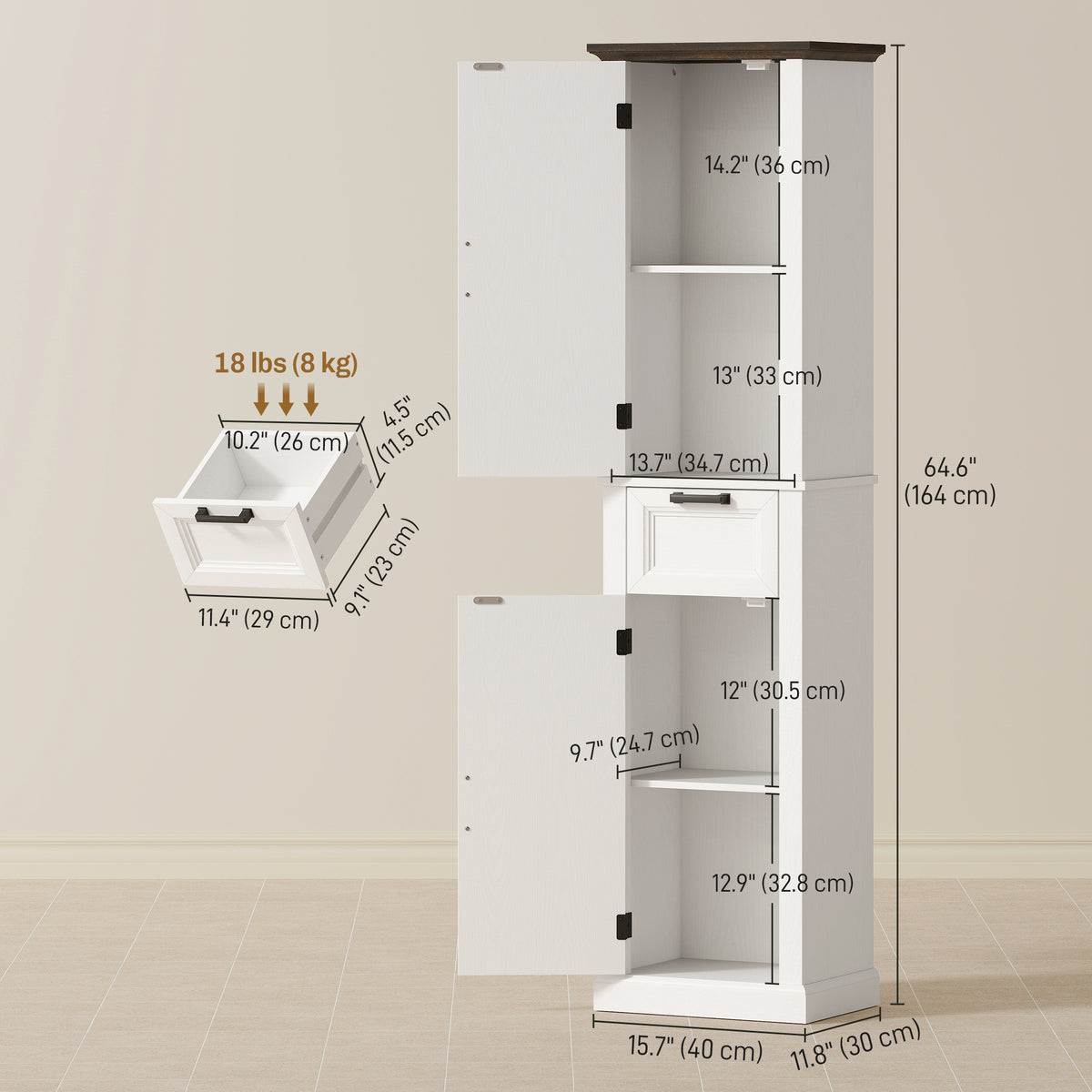 65" Tall Bathroom Storage Cabinet, Freestanding Farmhouse Slim Bathroom Cabinet with 2 Doors, Shelves and Drawer, White