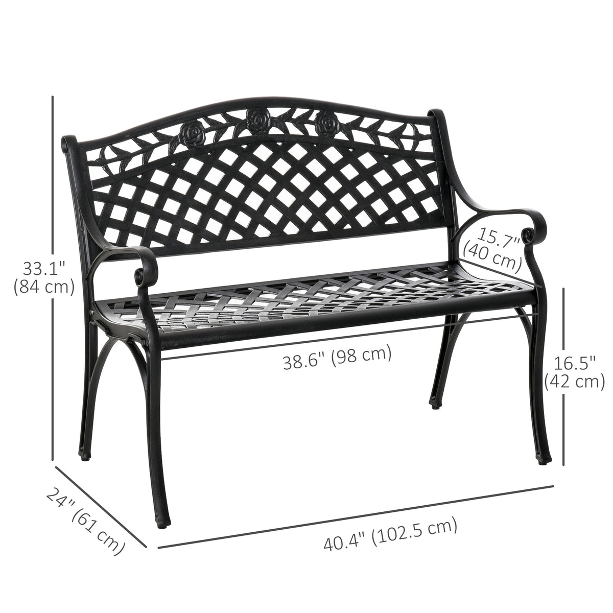 Outdoor Garden Bench, 40" Patio Bench with Aluminum Frame and Armrests, 2-Person Patio Loveseat with Floral Pattern for Park, Porch, Yard, Lawn, 485 LBS Capacity