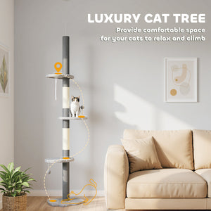 88.5"-100.5" Floor to Ceiling Cat Tree, Cat Tower with Scratching Posts, Cloud Shaped Platforms, Dangling Balls, Cream