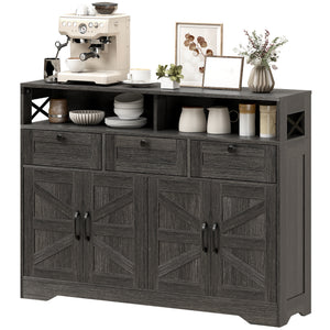 Sideboard, Buffet Cabinet with 4 Barn Doors and 3 Drawers, Coffee Bar Cabinet with Adjustable Shelves, Black – view 8