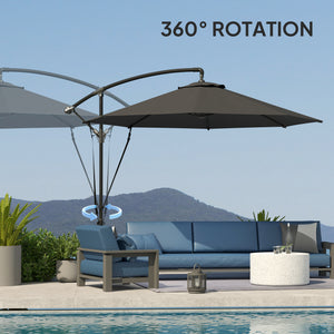 9.5' Cantilever Umbrella with Wind Protection Strap and Cover, Hanging Umbrella with Crank and Cross Base, UPF 50+, Grey