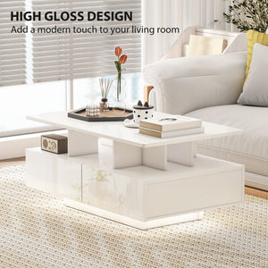 Coffee Table with RGB LED Lights, Modern Living Room Table with 4 Drawers, Open Shelf, Remote Control, High Gloss White