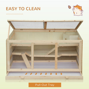 Wooden Hamster Cage Rat Cage with Slide, Tray, Natural Wood