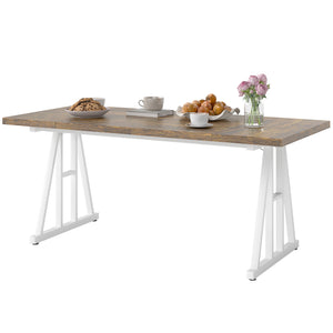 Farmhouse Kitchen Table for 8, Rectangular Dining Table with Thick Tabletop and Steel Trestle Legs, Brown and White