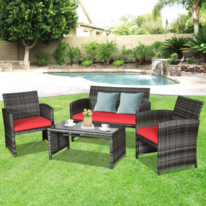 4 Pieces Patio Rattan Furniture Set with Cushions-Red view 2