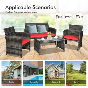 4 Pieces Patio Rattan Furniture Set with Cushions-Red view 3