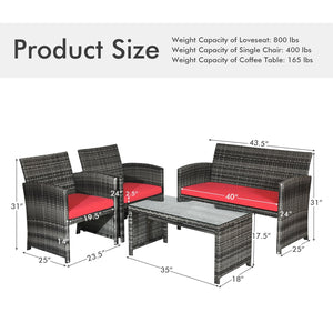 4 Pieces Patio Rattan Furniture Set with Cushions-Red view 4