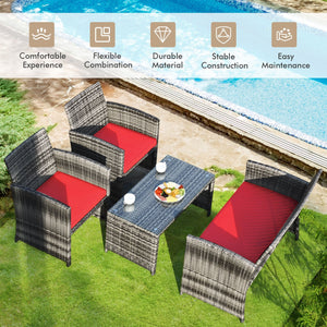 4 Pieces Patio Rattan Furniture Set with Cushions-Red view 5