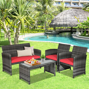 4 Pieces Patio Rattan Furniture Set with Cushions-Red view 6