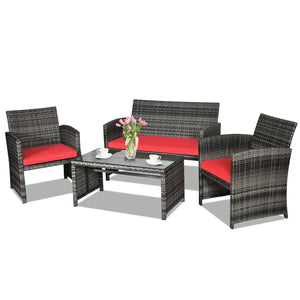 4 Pieces Patio Rattan Furniture Set with Cushions-Red view 7