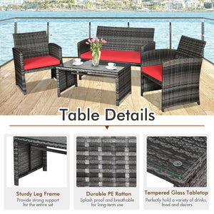 4 Pieces Patio Rattan Furniture Set with Cushions-Red view 9