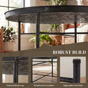 Vintage Coffee Table for Living Room, 24" Round Center Table with Hammered Tray Top and Metal Frame, Pewter