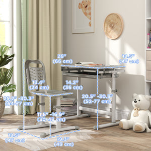 Qaba Height Adjustable Study Table and Chair Set with Drawer, Pen Slot, Tiltable Desktop, Hook