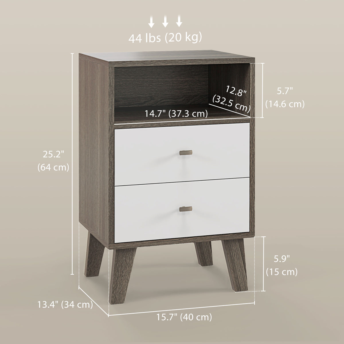 Nightstand Set of 2, Modern Bedside Table, Night Stand for Living Room with 2 Drawers and Open Storage, Grey