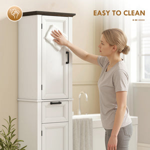 65" Tall Bathroom Storage Cabinet, Freestanding Farmhouse Slim Bathroom Cabinet with 2 Doors, Shelves and Drawer, White