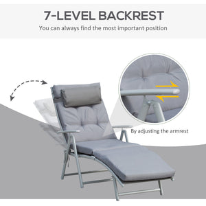 Lounge Chair Outdoor, Folding Patio Chaise Lounger, 360 lbs 7-Position Adjustable Back Outdoor Recliner with Cushion, Headrest for Garden, Backyard, Poolside, Grey