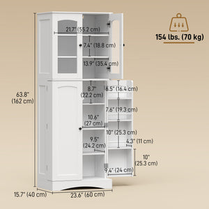 64" Tall Kitchen Pantry Cabinet, Kitchen Cabinet with Soft-Close Acrylic Doors, 10 Shelves, 8 Door Racks, White
