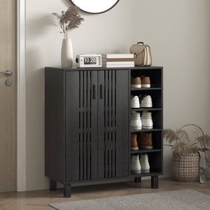 Shoe Storage with Double Doors and Open Shelves 17 Pair Shoe Storage Organizer for Entryway Hallway Black – view 7