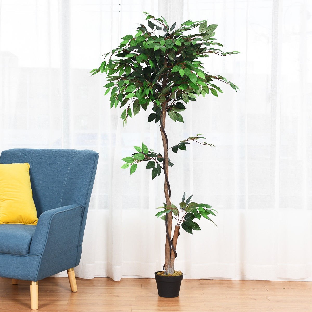 5.5 Feet Artificial Ficus Silk Tree with Wood Trunks view 2