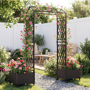 5.5 FT Self-Watering Planter Boxes with Lattice Trellis and Roof-Brown view 2