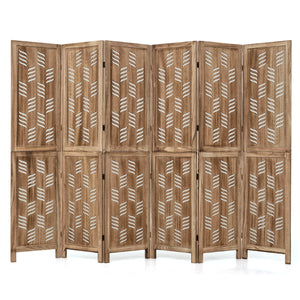 5.5 FT Tall Room Divider 6 Panels with Wave Cutout & Paulownia Frame for Room-Brown