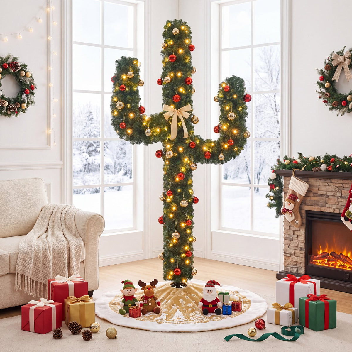 7 Feet Artificial Cactus PVC Christmas Tree with LED Lights and Ball Ornaments-7 ft view 2