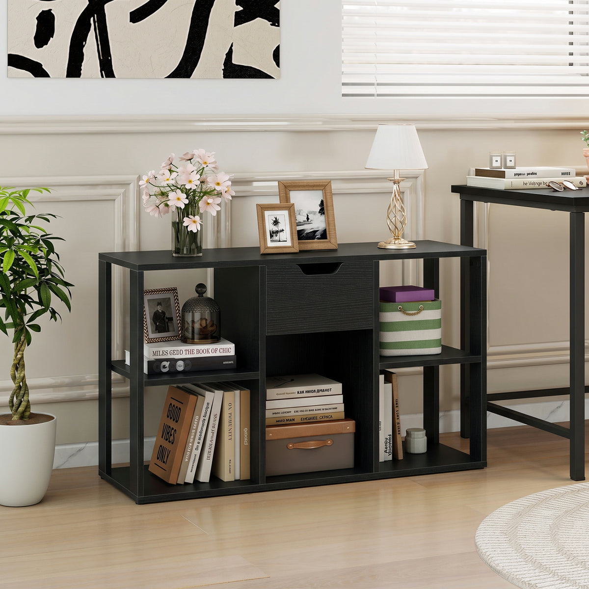 5-Cube Bookcase with Storage Drawer Freestanding Bookshelf Modern Display Rack-Black view 2