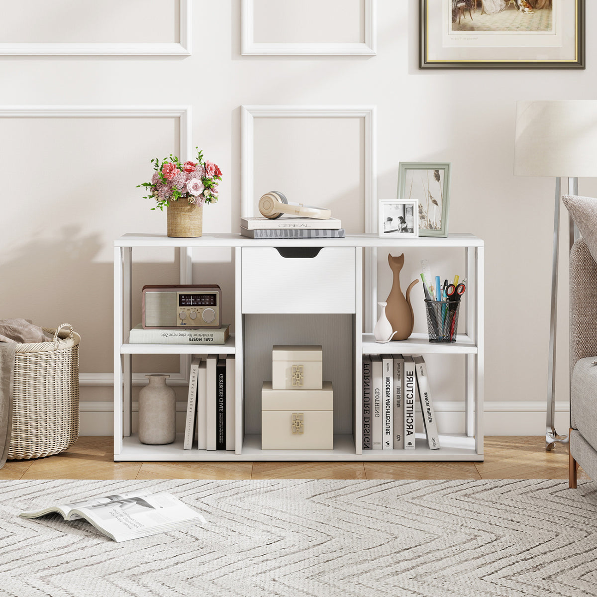 5-Cube Bookcase with Storage Drawer Freestanding Bookshelf Modern Display Rack-White view 2