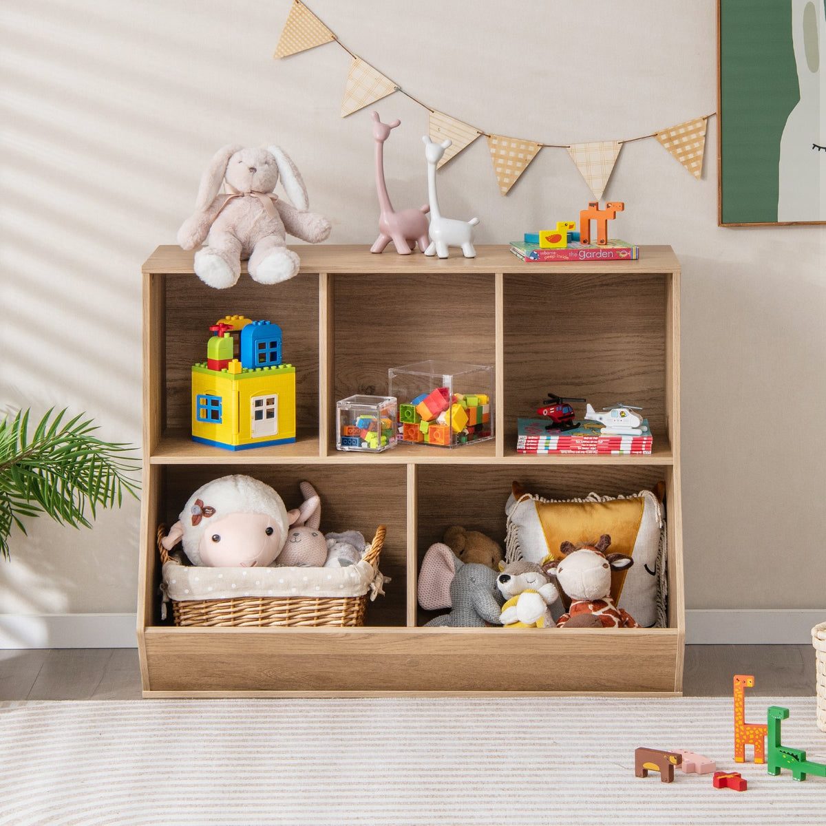5-Cube Wooden Kids Toy Storage Organizer with Anti-Tipping Kits-Natural view 2