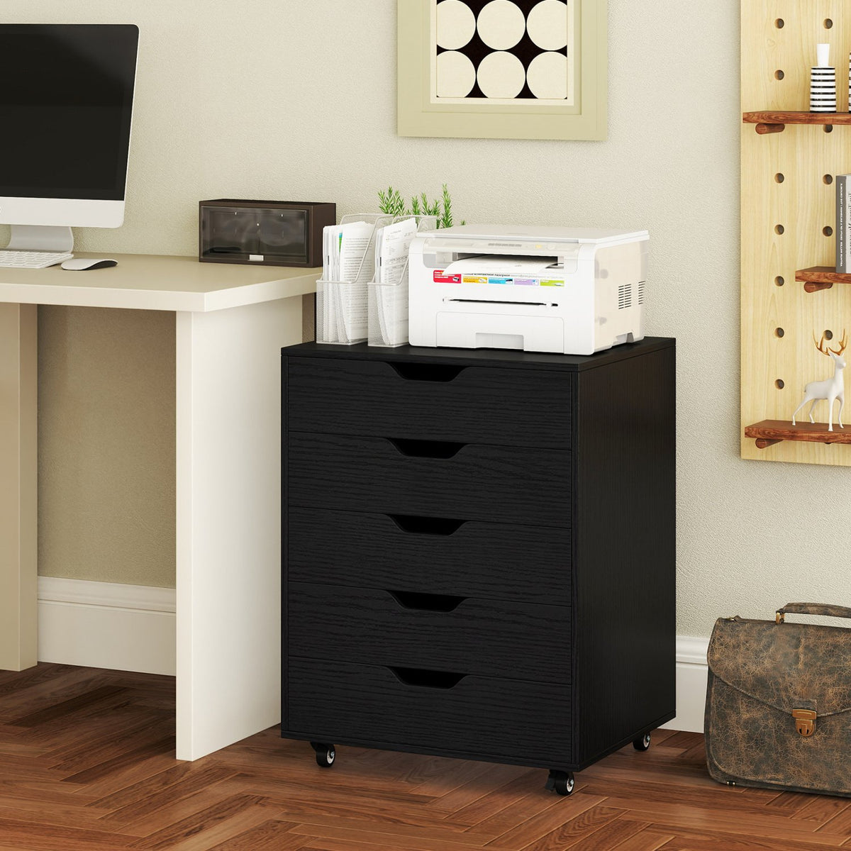 5 Drawer Mobile File Cabinet with Wheels for Living Room-Black view 2