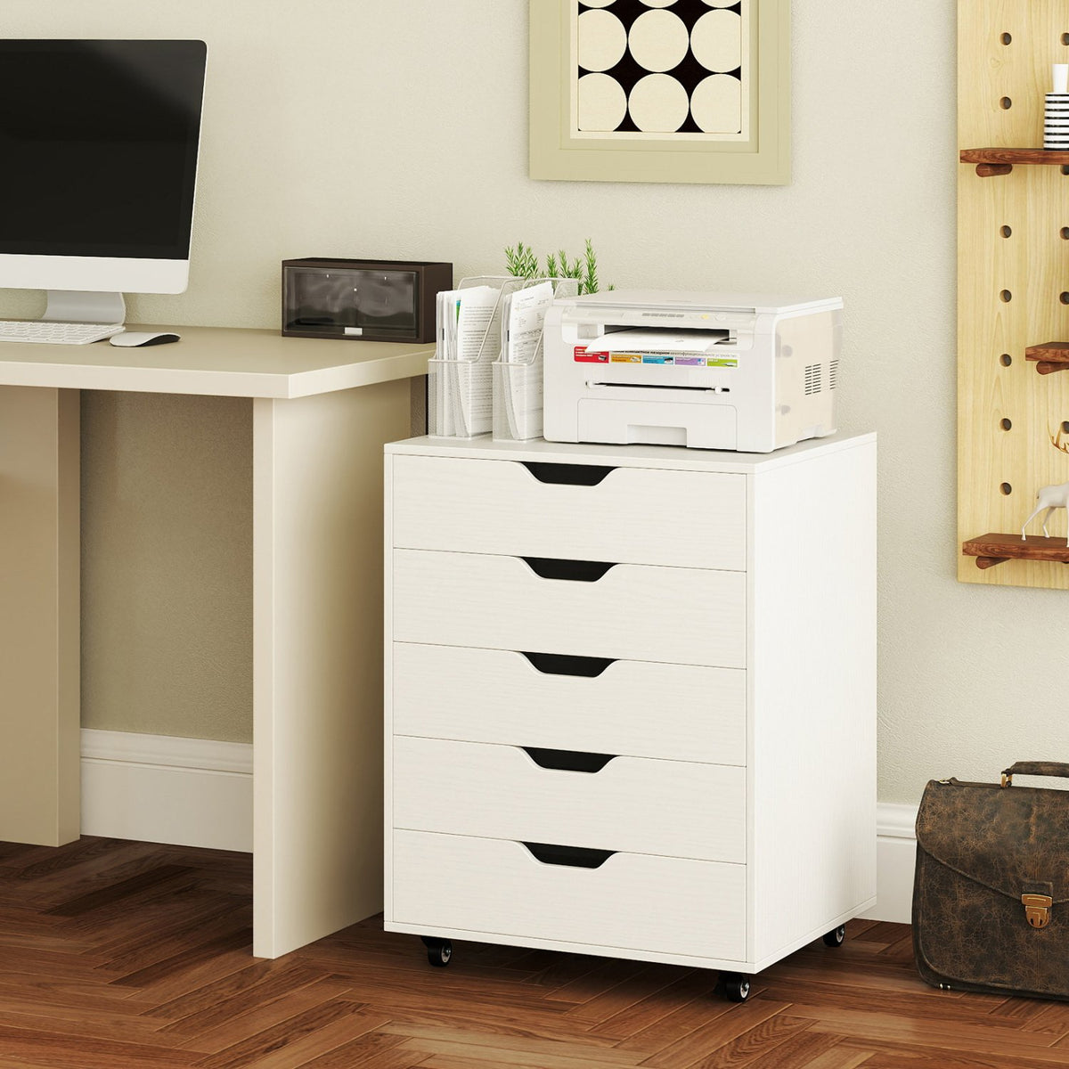 5 Drawer Mobile File Cabinet with Wheels for Living Room-White view 2