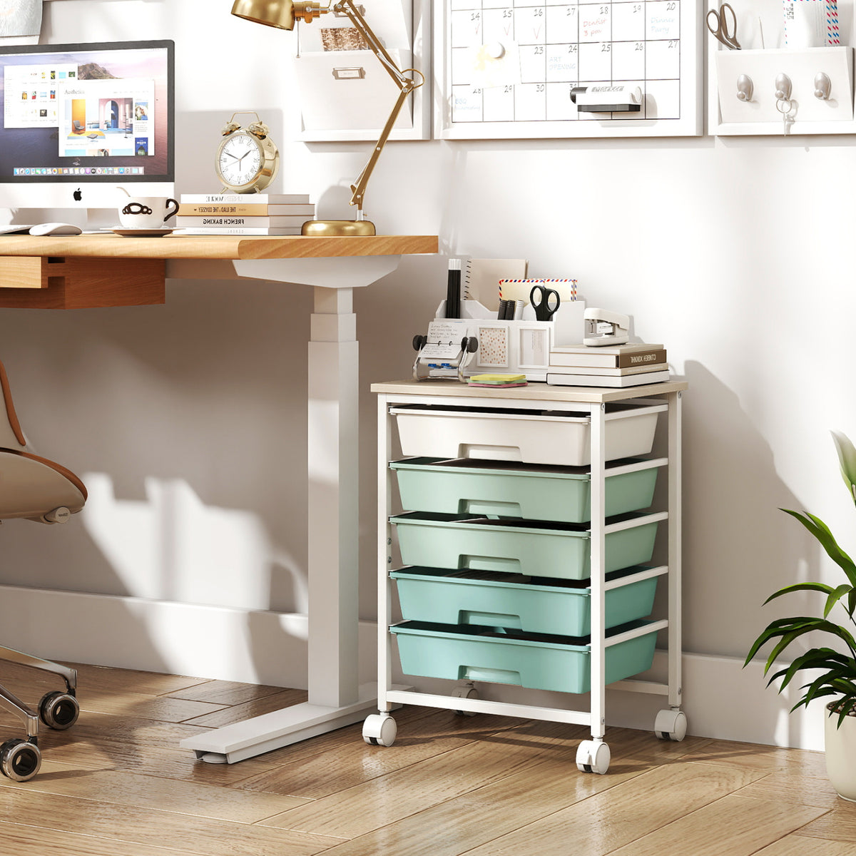 5-Drawer Rolling Cart with Wooden Tabletop and Metal Frame for Craft Room-Green Gradient view 2