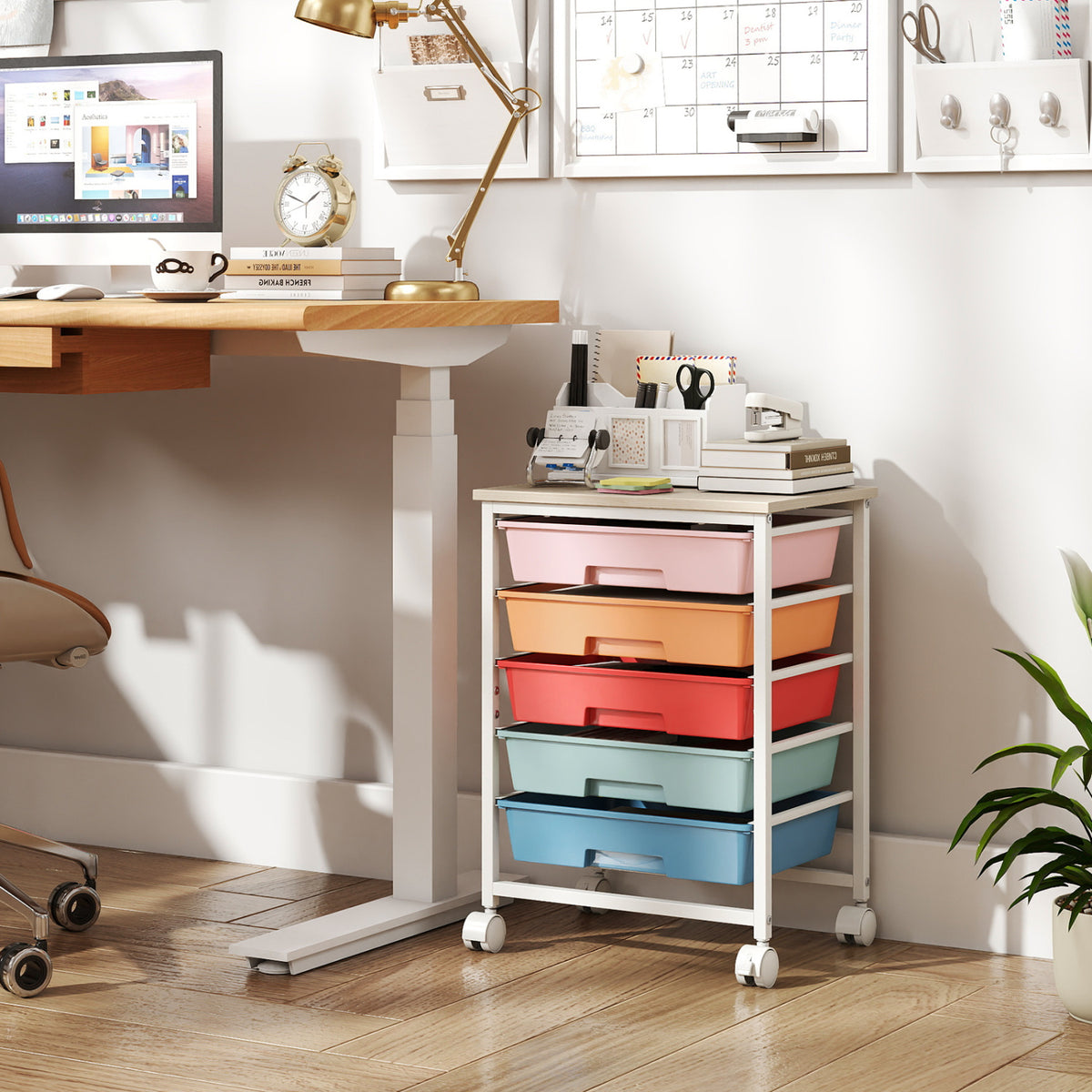 5-Drawer Rolling Cart with Wooden Tabletop and Metal Frame for Craft Room-Macaron view 2