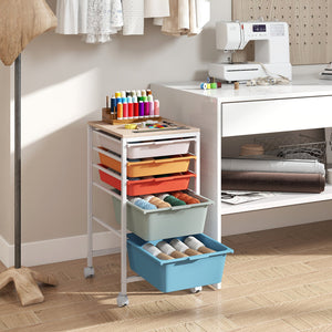 5-Drawer Rolling Storage Cart Mobile Utility Organizer with Wooden Tabletop and Lockable Wheels-Macaron view 2